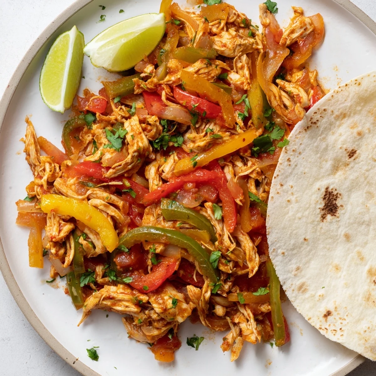 Savory easy Crockpot chicken fajitas served in warm tortillas with fresh cilantro and lime