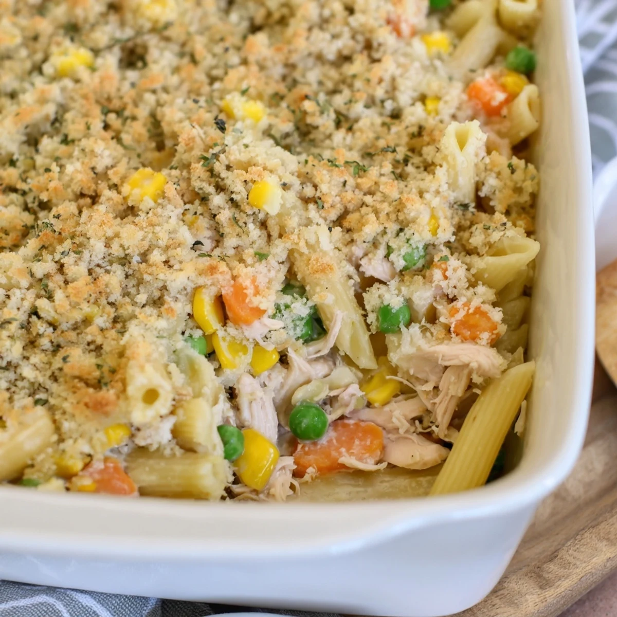 Creamy chicken pot pie pasta baked with golden parmesan panko topping
