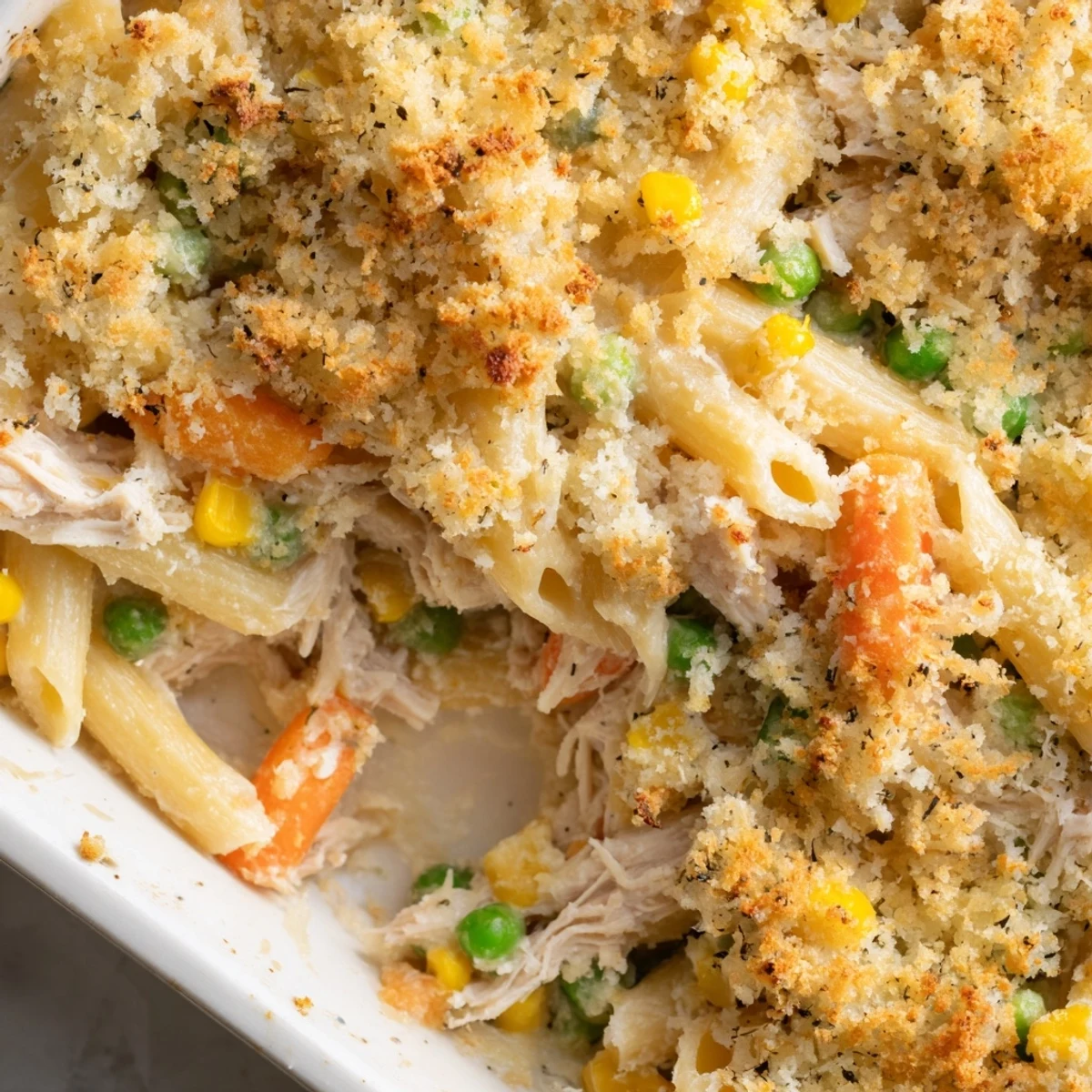 Steaming bowl of chicken pot pie pasta with tender vegetables and shredded chicken