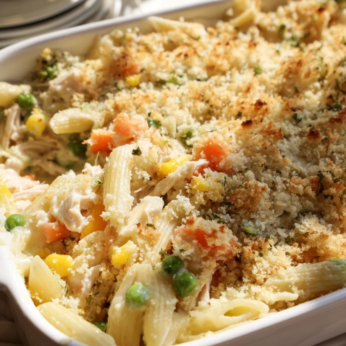 Baked chicken pot pie pasta casserole topped with crispy buttered breadcrumbs