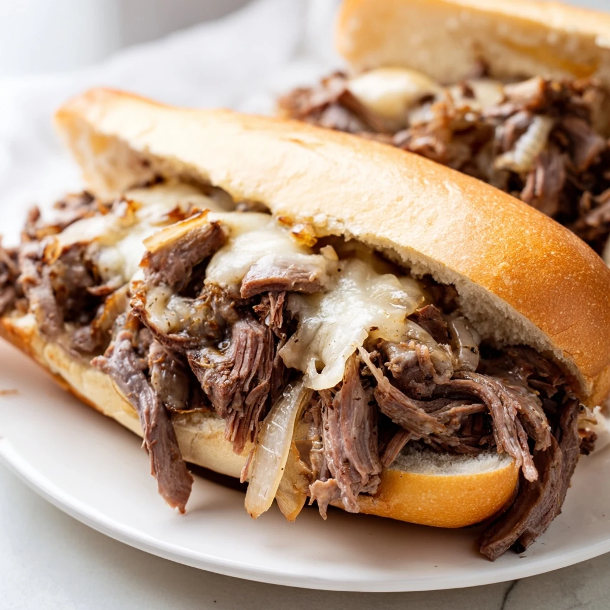 Golden shredded beef piled onto toasted hoagie rolls with melted provolone cheese and a side of rich dark au jus dipping sauce