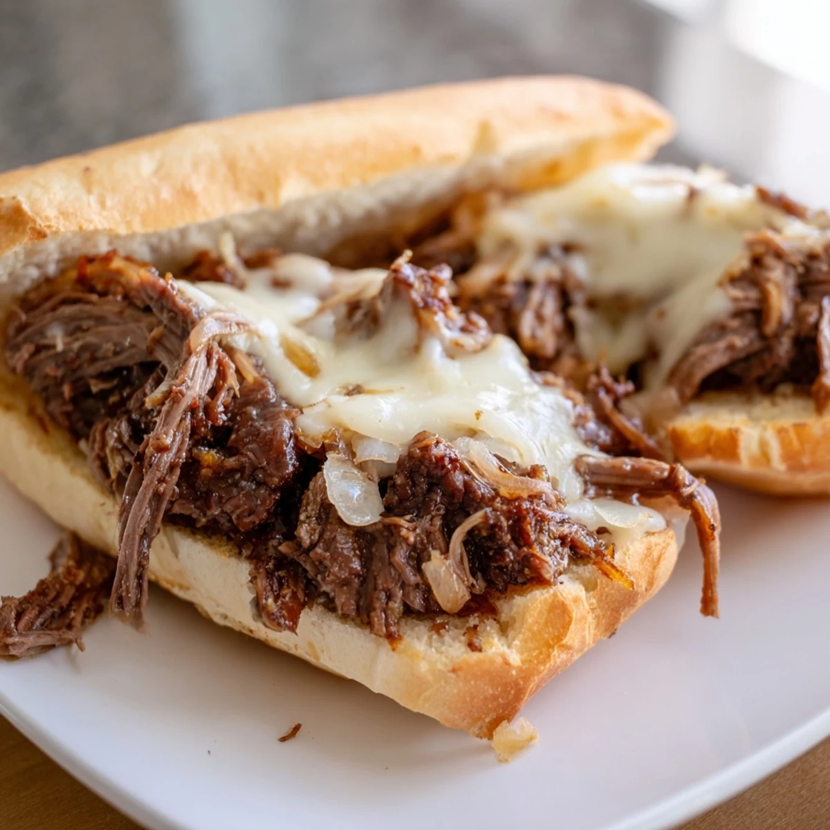 Crockpot French dip sandwiches featuring melt-in-your-mouth chuck roast on French rolls with cheese bubbled to golden brown perfection