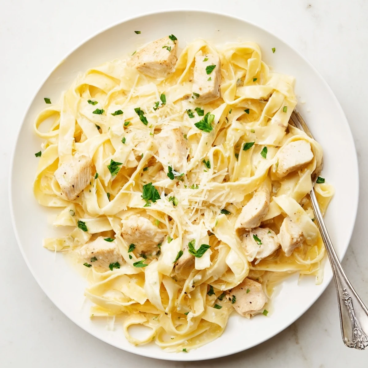 Creamy Instant Pot Chicken Alfredo with tender pasta pieces coated in rich parmesan garlic sauce