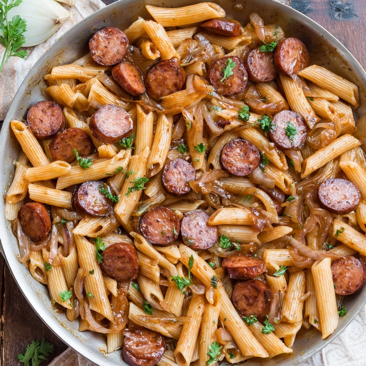 Golden brown sausage slices and penne pasta coated in a glossy honey garlic sauce