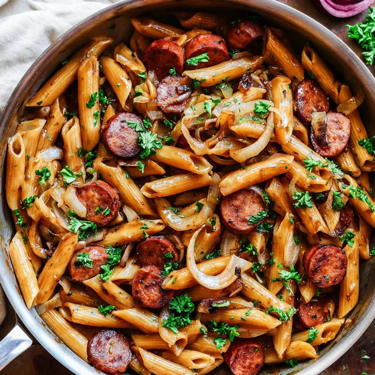Savory smoked sausage and tender pasta tossed in thick sweet honey garlic glaze