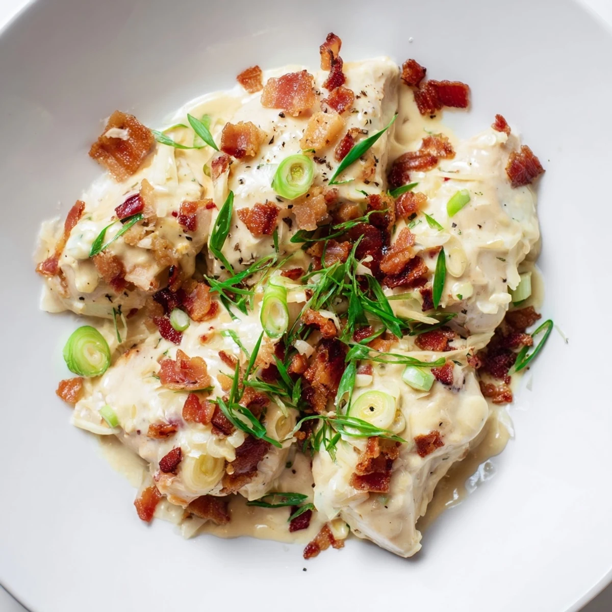 Slow-cooked Crockpot Million Dollar Chicken smothered in parmesan cream sauce and savory bacon bits