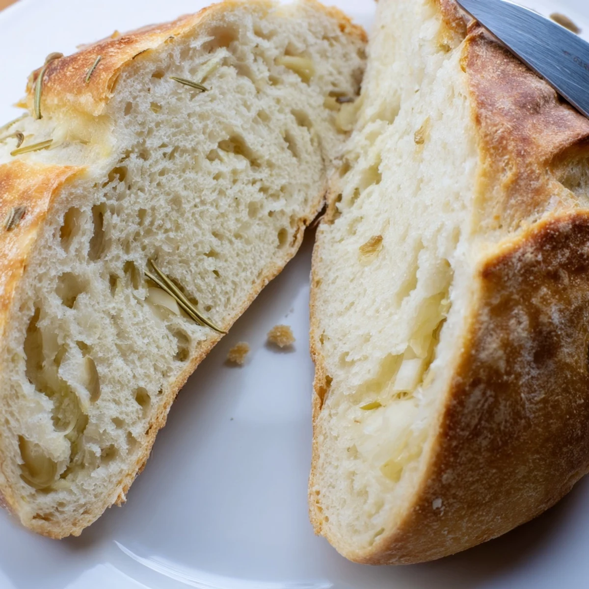 Golden crust Dutch oven garlic rosemary bread sliced to reveal soft aromatic interior
