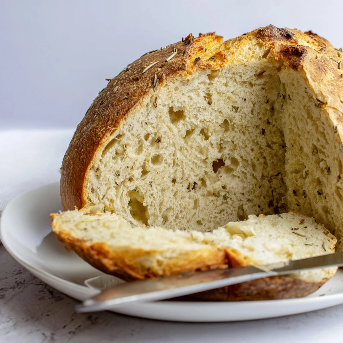 Whole loaf of Dutch oven garlic rosemary bread featuring deep brown crust and rosemary garnish