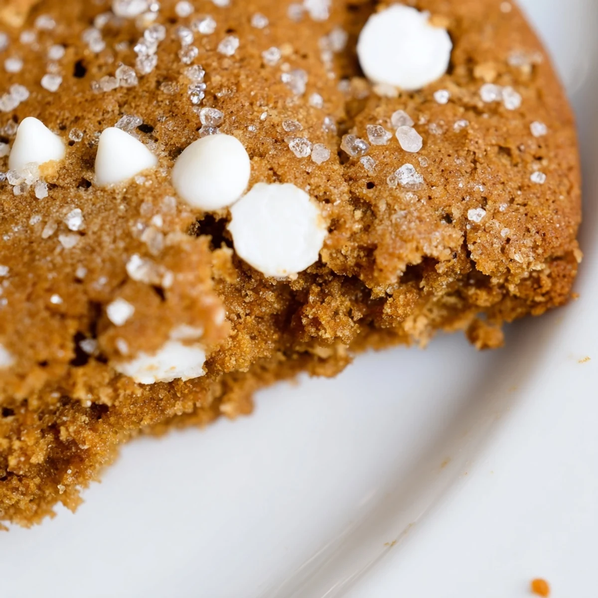 Soft bakery-style gingerbread white chocolate cookies with melted chips and crackled sugar coating