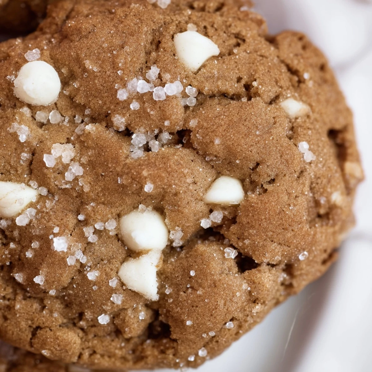 Festive gingerbread white chocolate cookies piled high on a wooden serving board