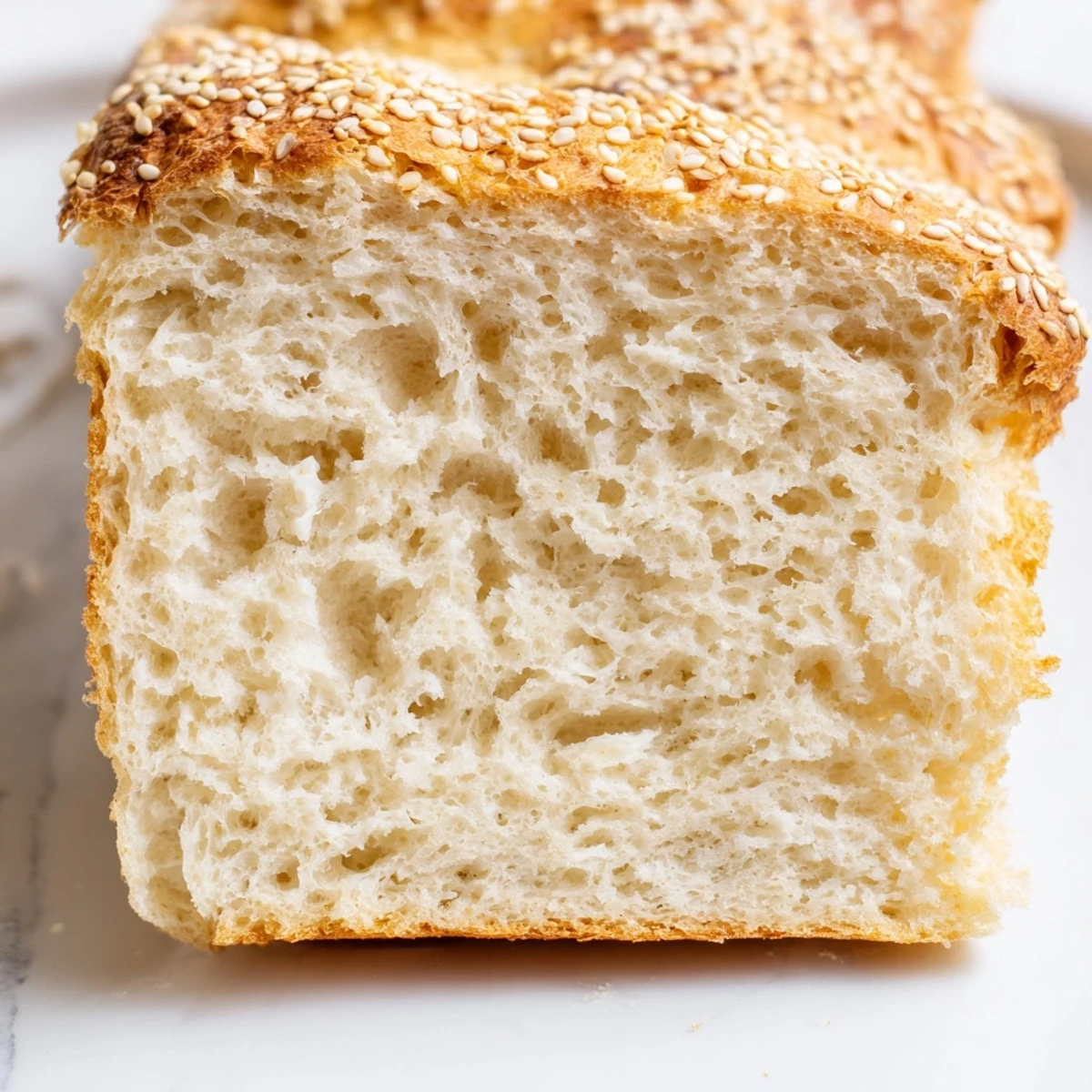 Golden zero carb yogurt bread loaf sliced on a wooden cutting board