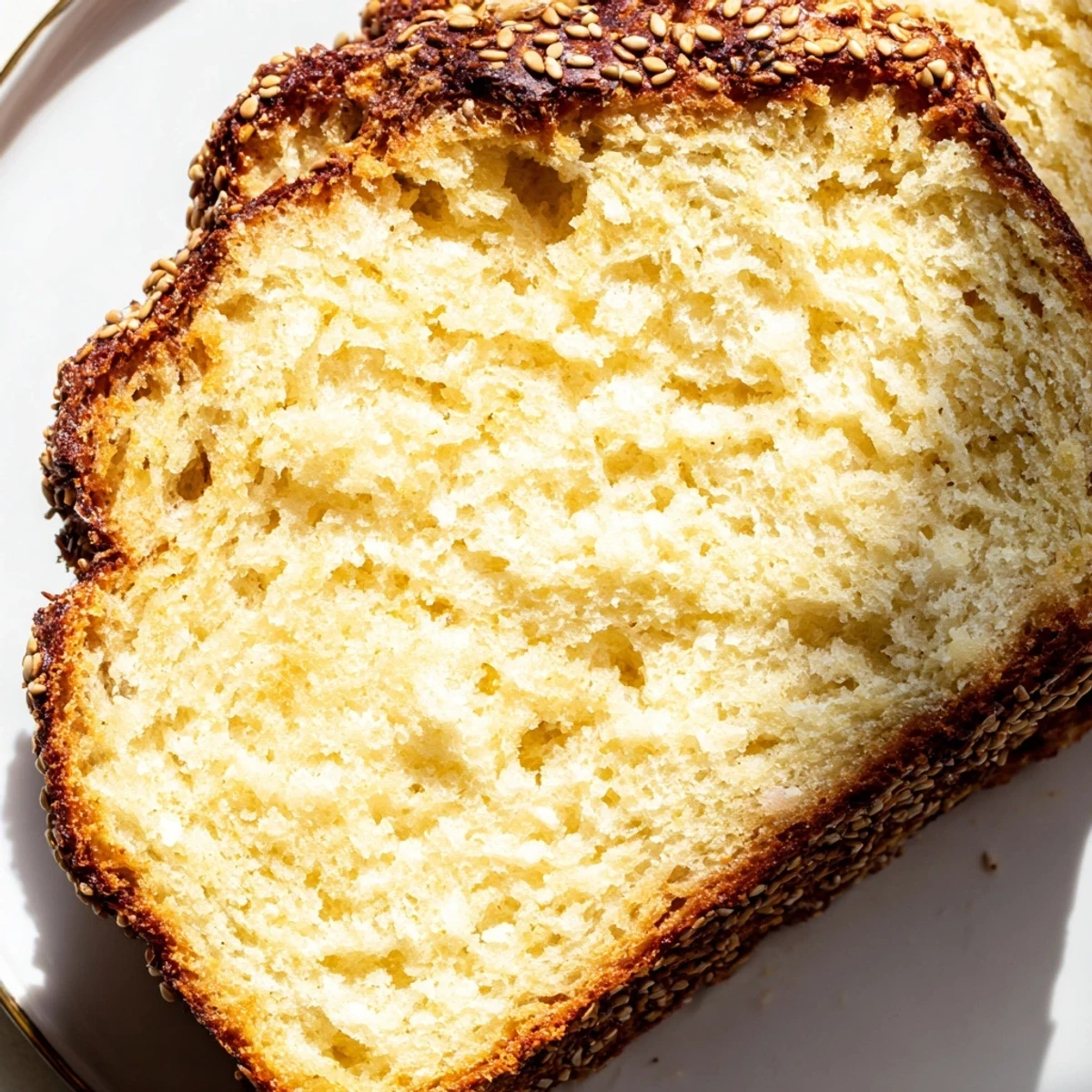 Freshly baked zero carb yogurt bread slices arranged on a white serving platter