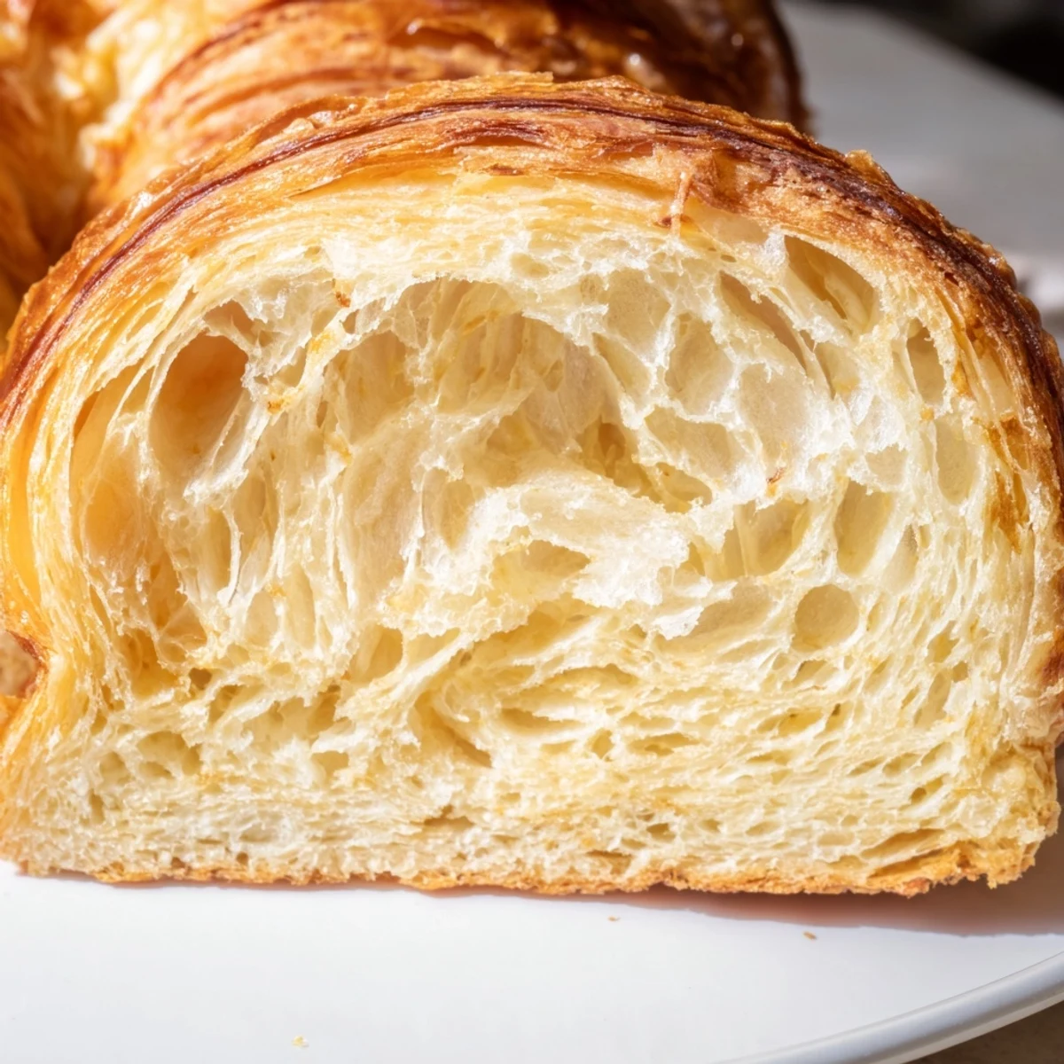 Golden homemade croissant bread loaf with flaky layered interior and buttery crust on wooden board