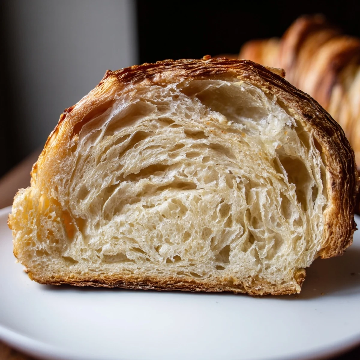 Freshly baked homemade croissant bread cooling on wire rack with glossy egg-washed exterior and tender texture