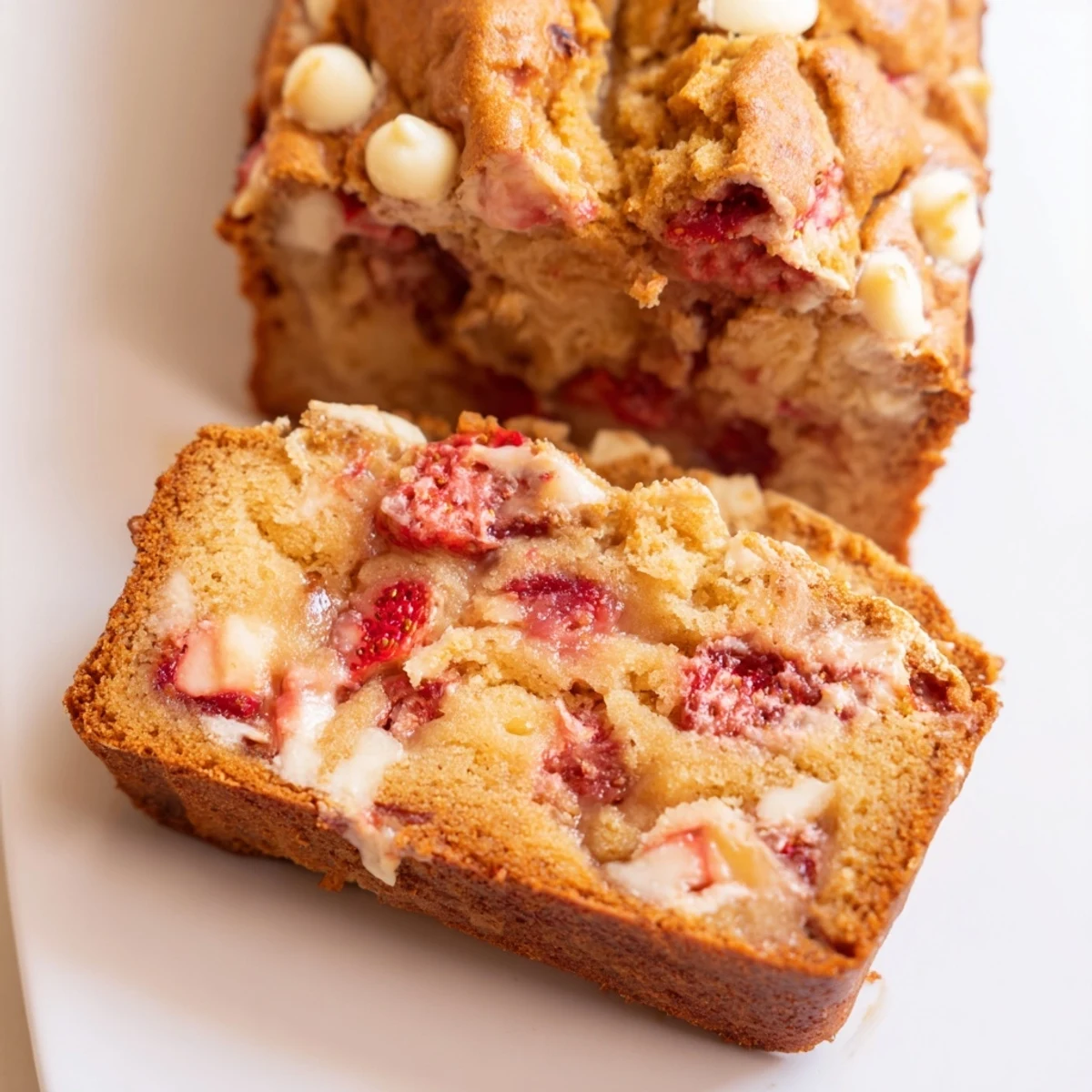 Golden brown sourdough white chocolate chips strawberry bread loaf studded with juicy red berries and melted cream chips
