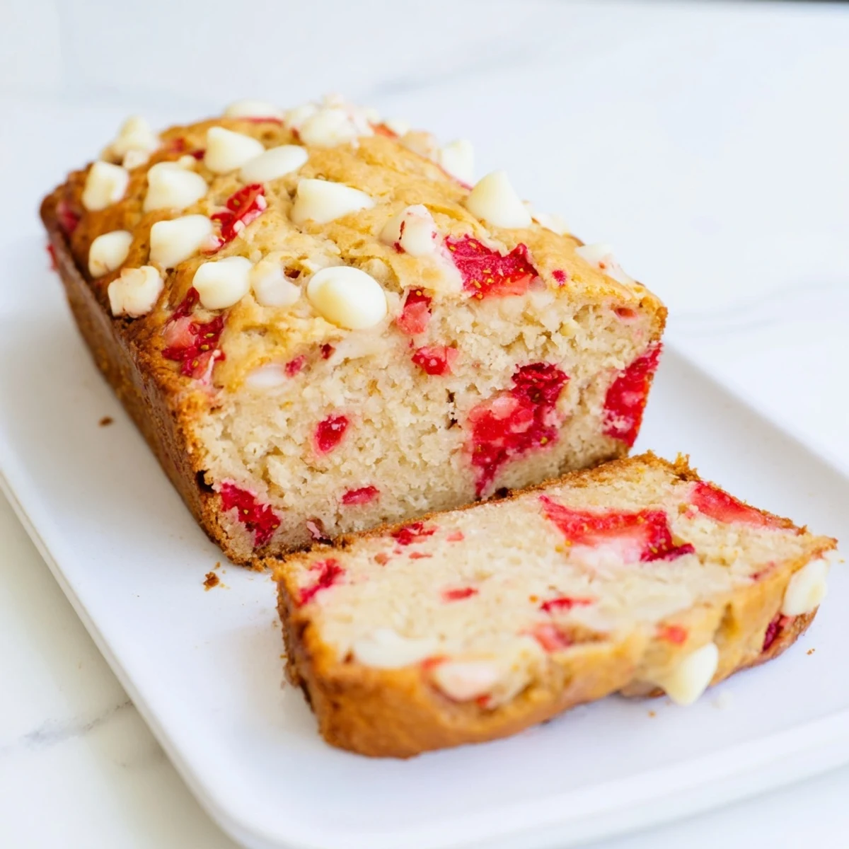Homemade sourdough bread with white chocolate chips and strawberries cooling on wire rack with golden crust