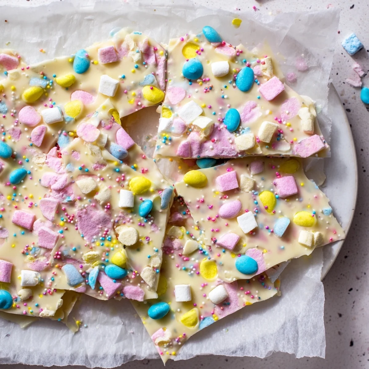 Creamy Easter marshmallow bark topped with pastel candy eggs and colorful sprinkles on white chocolate