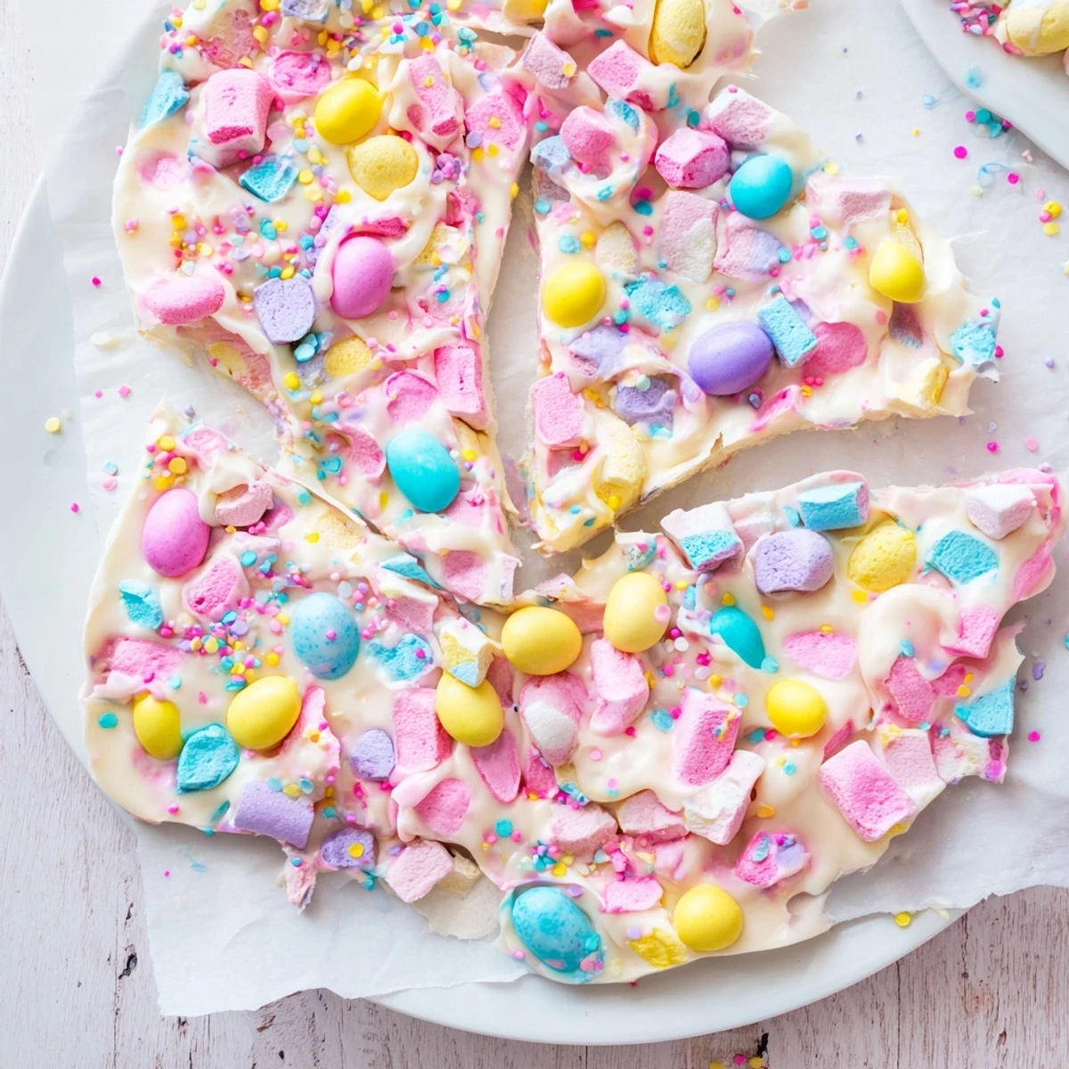 Festive Easter marshmallow bark with melted white chocolate and pastel marshmallows scattered across a baking sheet