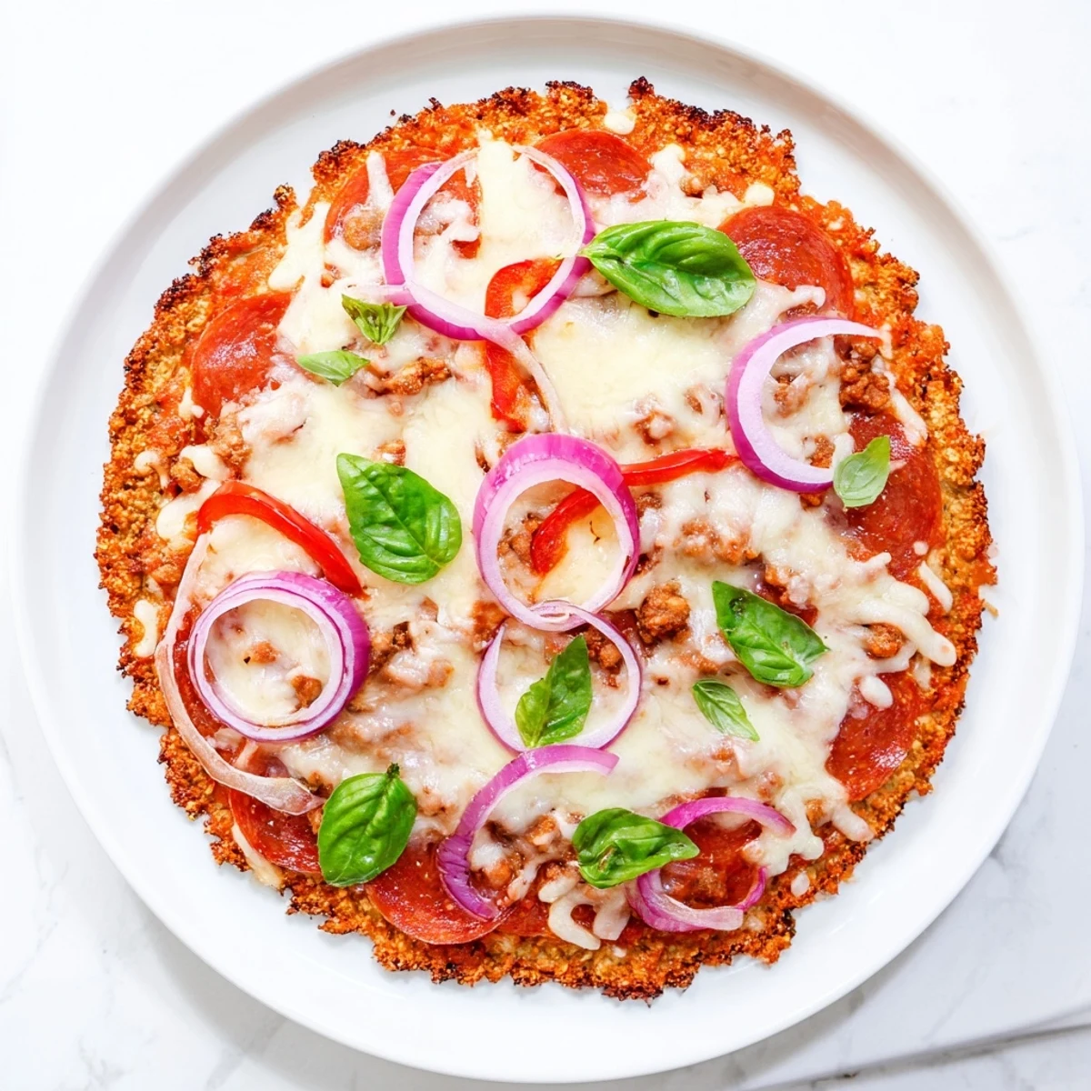 Golden crispy chicken crust pizza bubbling with melted mozzarella and colorful vegetable toppings