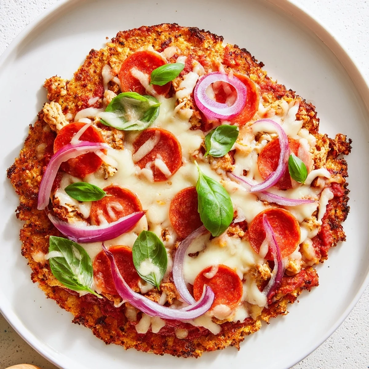 Low-carb chicken crust pizza topped with pepperoni and fresh basil on a wooden board