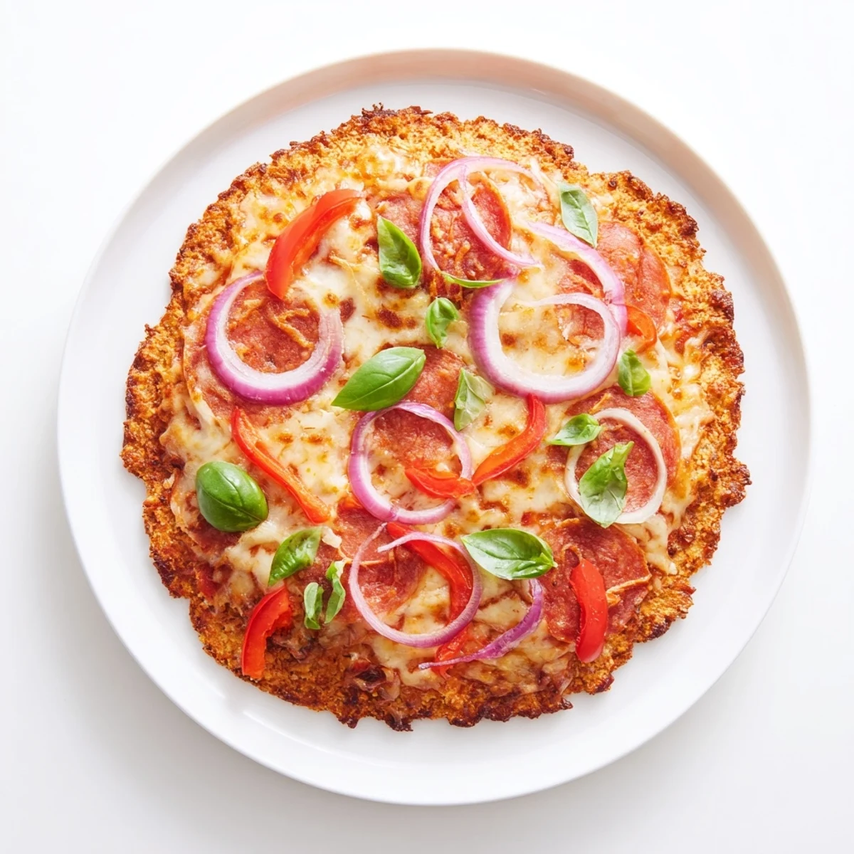 Sliced crispy chicken crust pizza featuring gooey cheese and vibrant red bell pepper rings