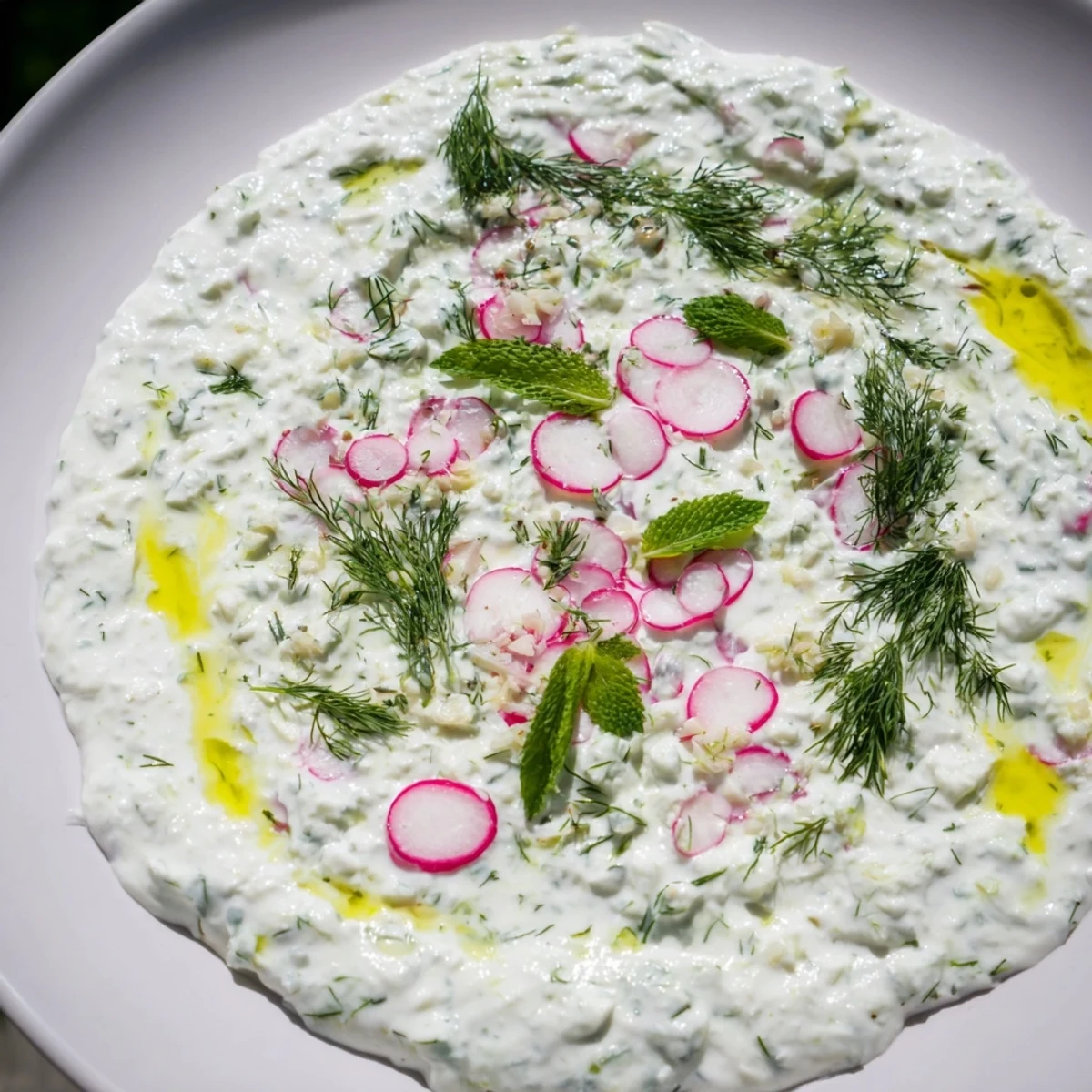 Creamy healthy radish tzatziki dip topped with fresh dill and olive oil drizzle