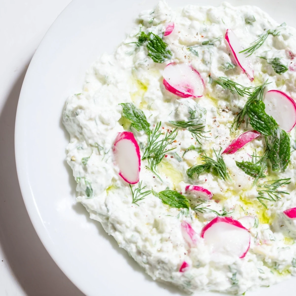 White bowl of healthy radish tzatziki dip garnished with mint and cracked pepper
