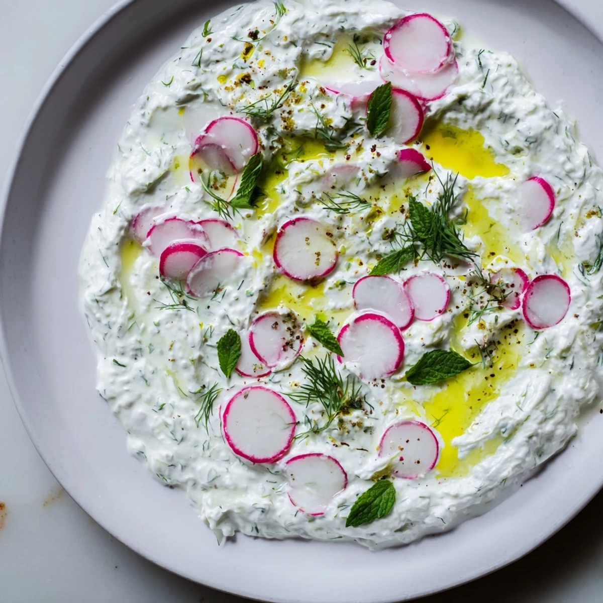 Vibrant healthy radish tzatziki dip served with crisp vegetable slices for dipping