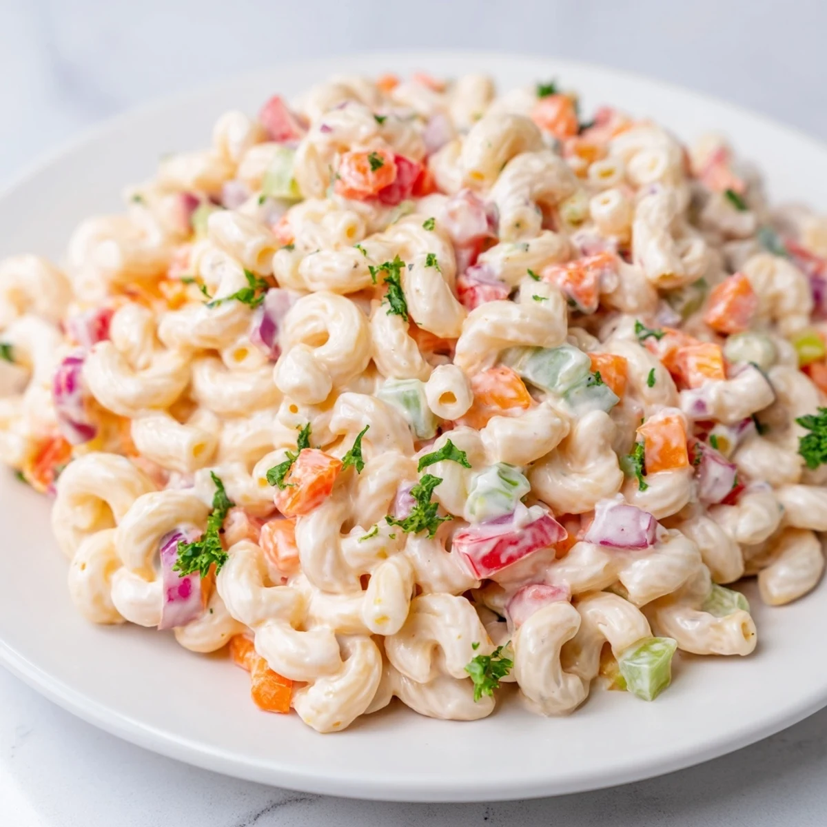 Creamy tangy macaroni salad with colorful diced vegetables and rich dressing in a white serving bowl