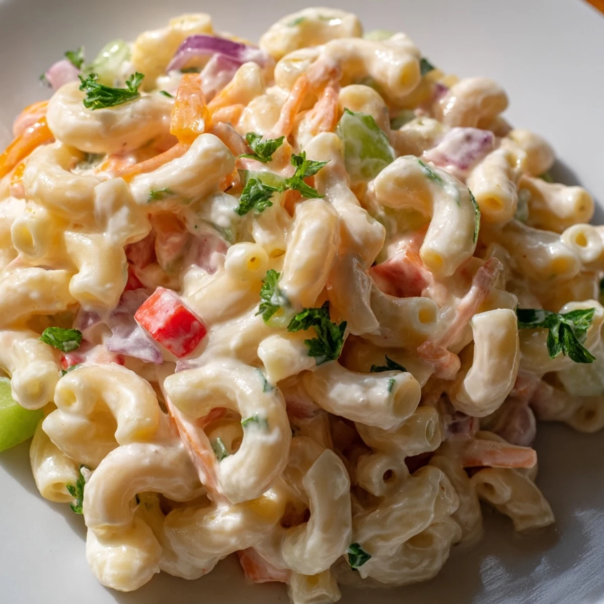Classic American macaroni salad featuring vibrant vegetables and smooth creamy dressing chilled for summer picnics