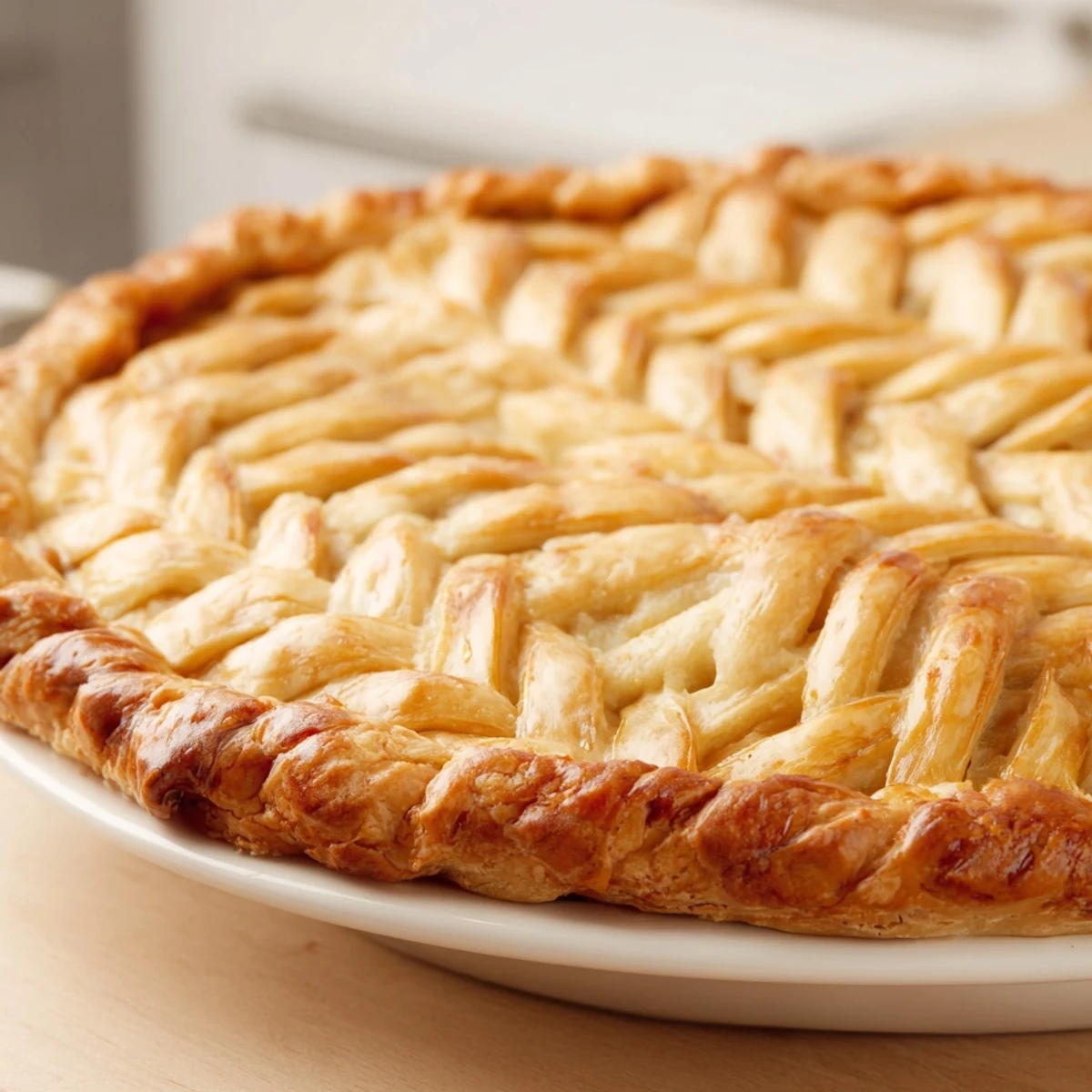 Golden brown fishtail braid pie crust decoratively woven around the edge of a baked pie, brushed with egg wash for a shiny finish
