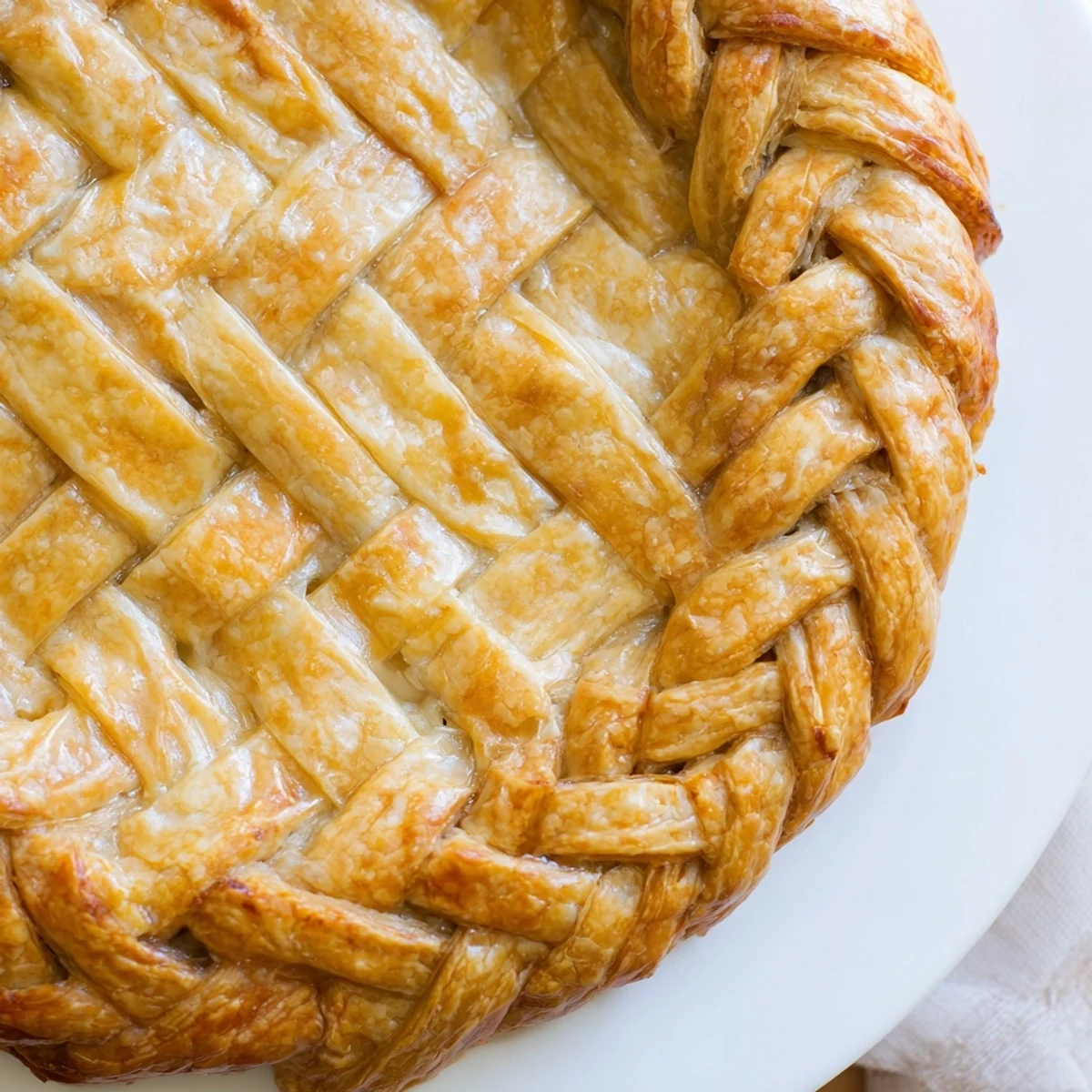 Intricate fishtail braid pie crust detailing the rim of a fruit-filled pie, showcasing buttery golden layers with a professional bakery presentation