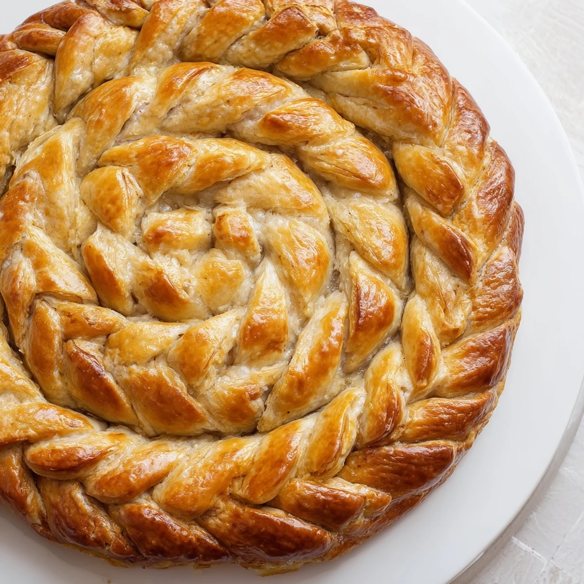 Close-up view of a hand-woven fishtail braid pie crust topping, featuring even strips of dough creating a stunning edible border