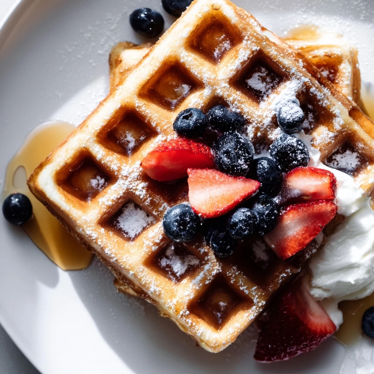 Golden brown Greek yogurt waffles stacked on a plate with fresh berries and maple syrup drizzle