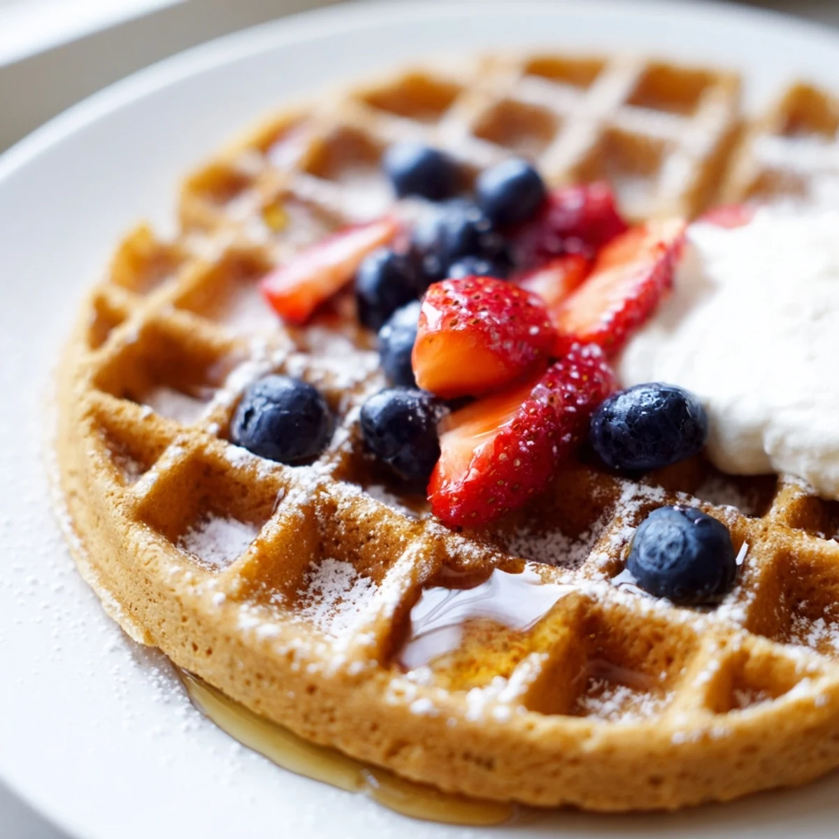 Crisp Greek yogurt waffles served warm topped with creamy yogurt and sweet honey drizzle
