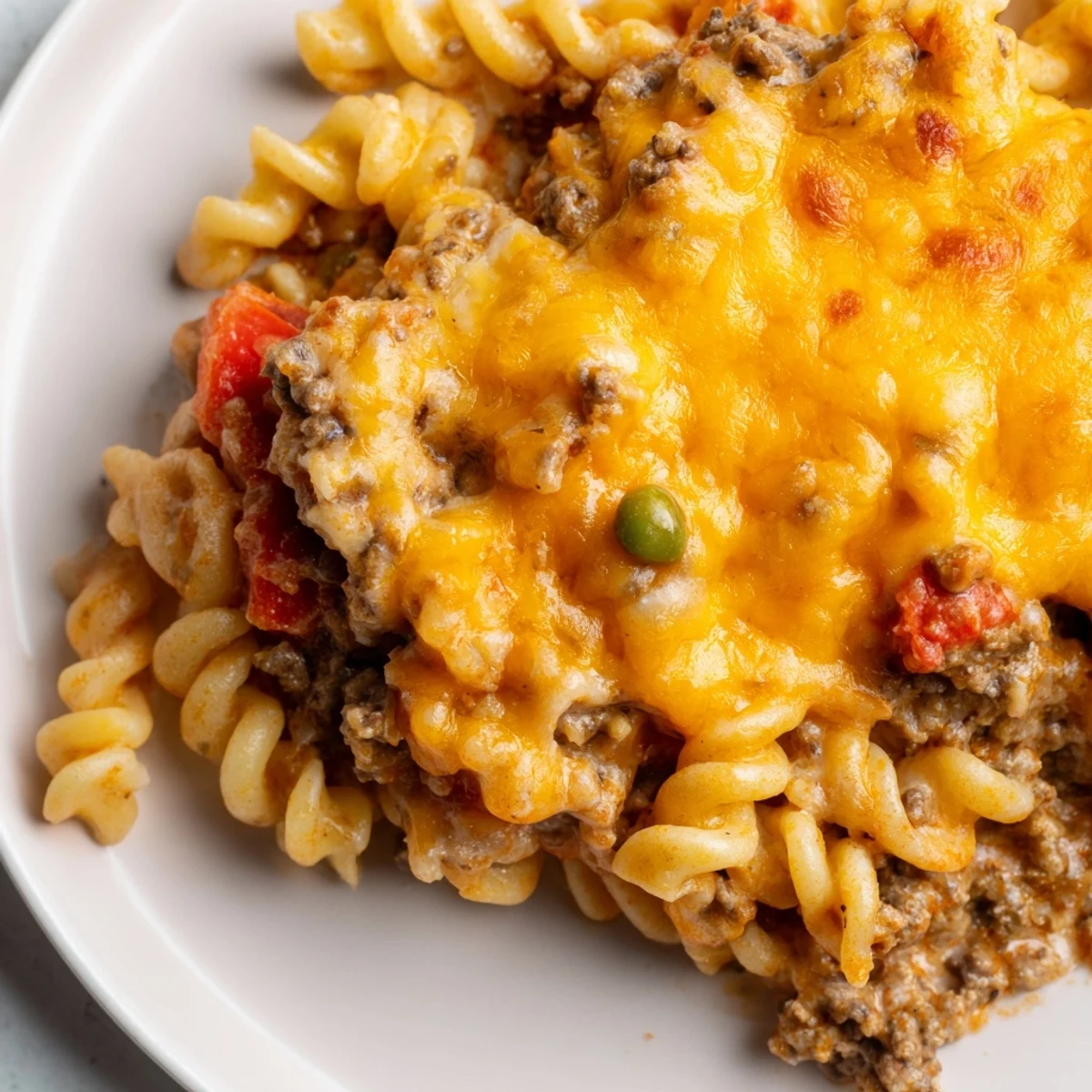 Golden bubbly cheesy beef and noodle casserole fresh from the oven