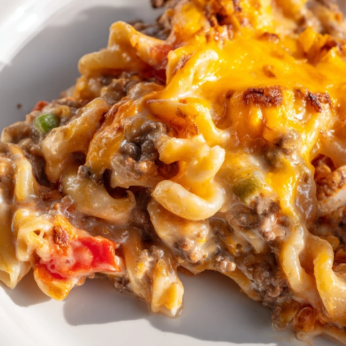 Creamy cheesy beef and noodle casserole with melted cheddar in white baking dish