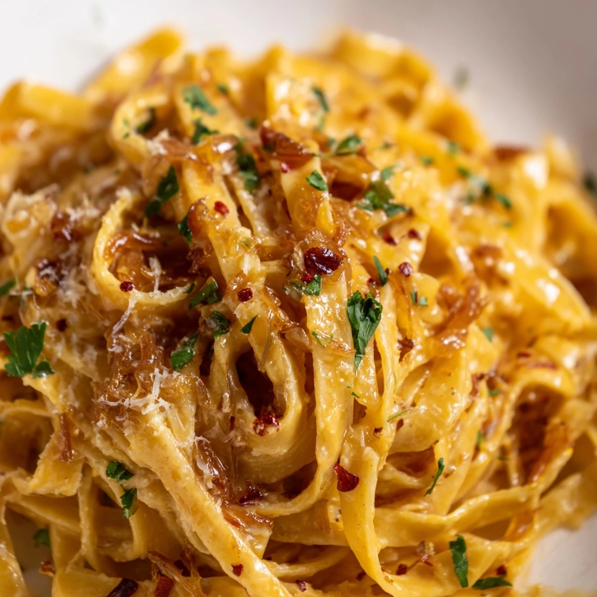 Creamy Sweet Heat Caramelized Onion Fettuccine topped with fresh parsley and Parmesan cheese