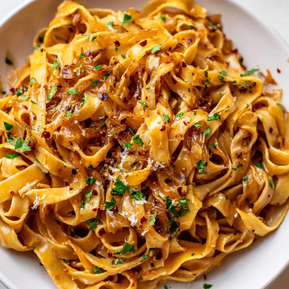 Golden caramelized onions coat Sweet Heat Caramelized Onion Fettuccine in a creamy, spicy sauce
