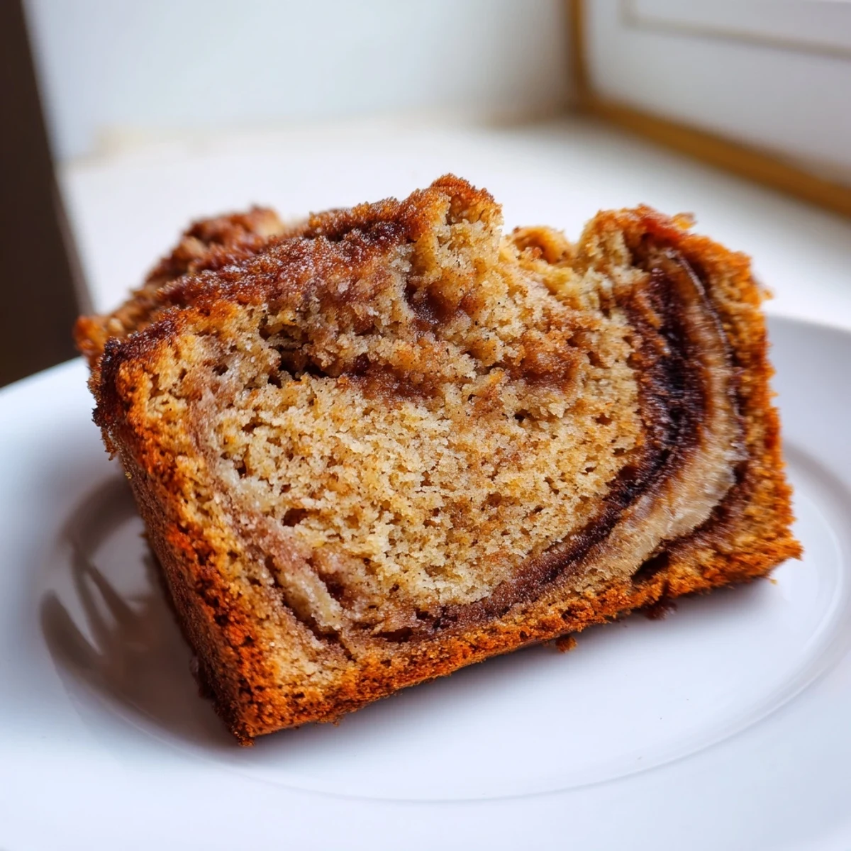 Cinnamon Sugar Swirl Banana Bread with golden crust and ribbons of spiced sweetness throughout each moist slice