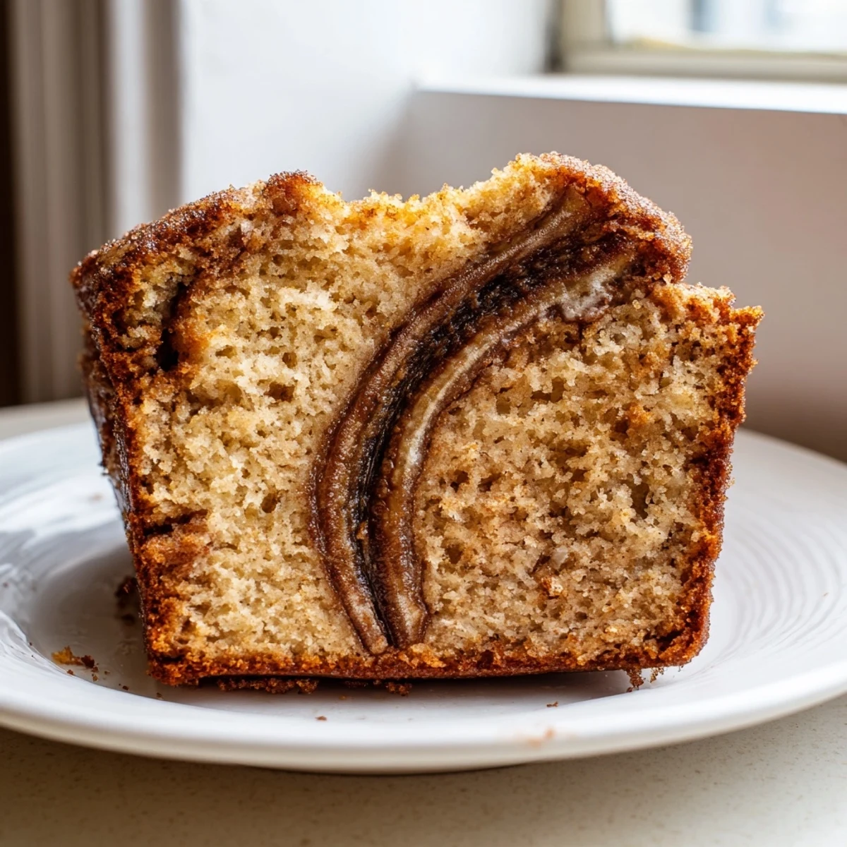 Warm slice of Cinnamon Sugar Swirl Banana Bread showing marbled cinnamon layers on a rustic cutting board