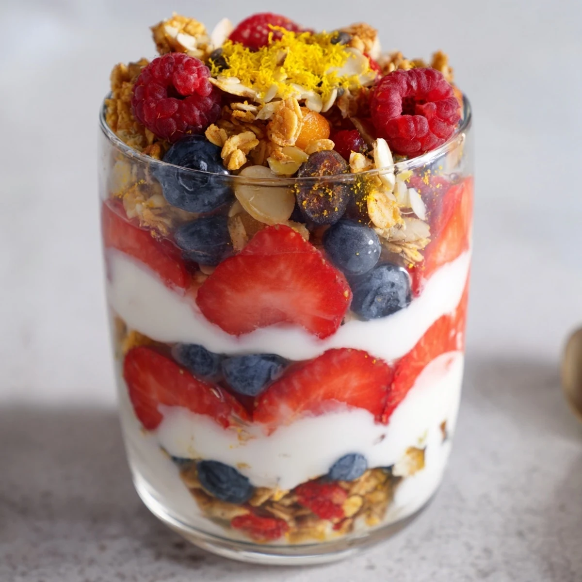 Creamy Greek yogurt parfait layered with fresh berries and crunchy granola in glass