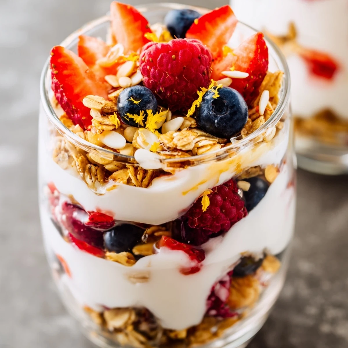 Greek yogurt parfait topped with vibrant mixed berries and golden honey drizzle