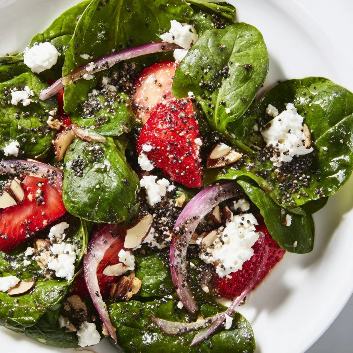 Fresh strawberry spinach salad topped with crumbled feta and toasted almonds in bowl