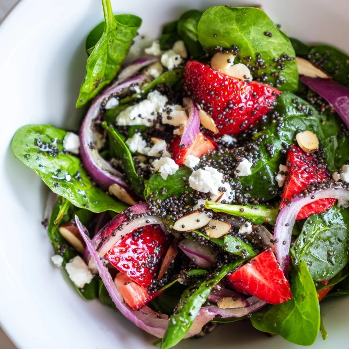 Vibrant strawberry spinach salad with sliced berries red onion and creamy balsamic dressing
