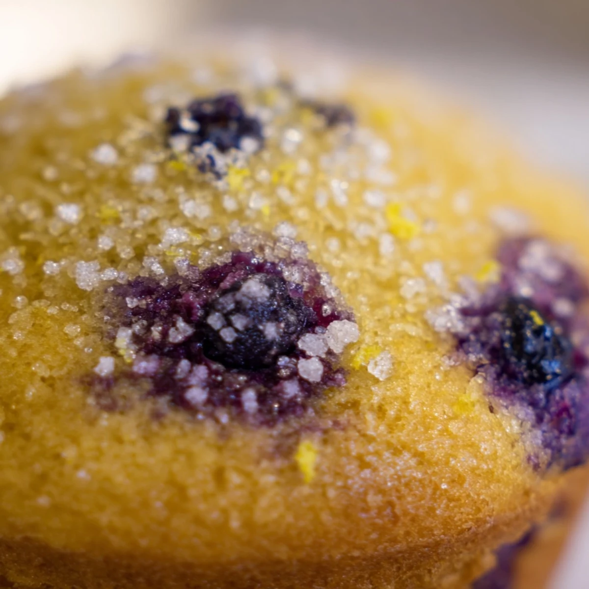 Golden lemon blueberry muffins with sparkling sugar tops fresh from the oven