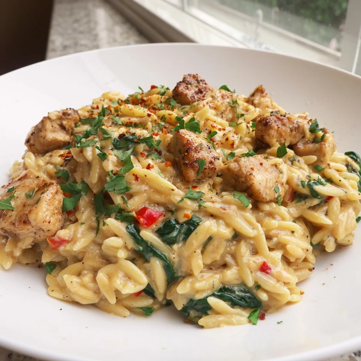 Creamy Cajun chicken Alfredo orzo topped with fresh parsley in a cast iron skillet