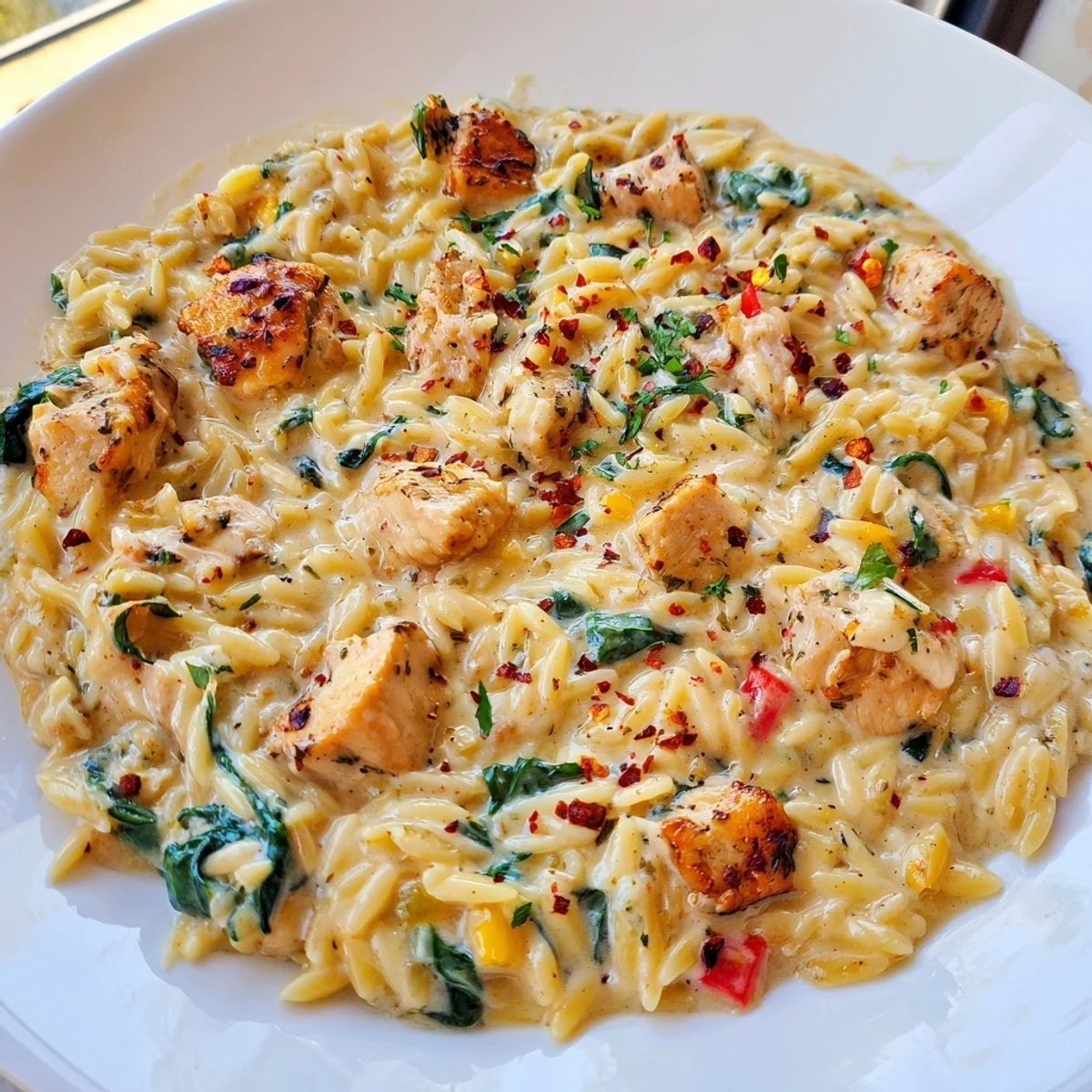 Steaming bowl of Cajun chicken Alfredo orzo with tender seared chicken and melted Parmesan