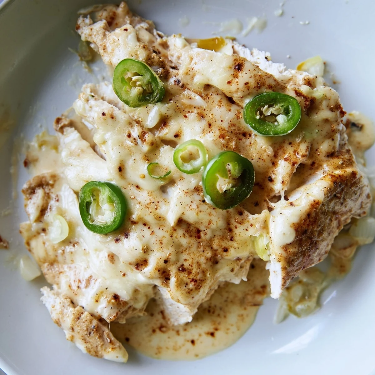 Golden jalapeño chicken breasts draped in creamy melted cheese sauce with fresh cilantro garnish