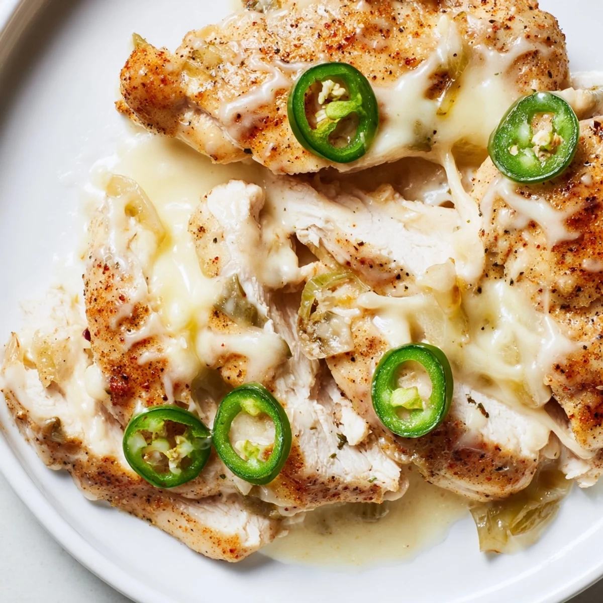 Spicy jalapeño chicken simmering in a rich garlic cream skillet with tender sliced peppers